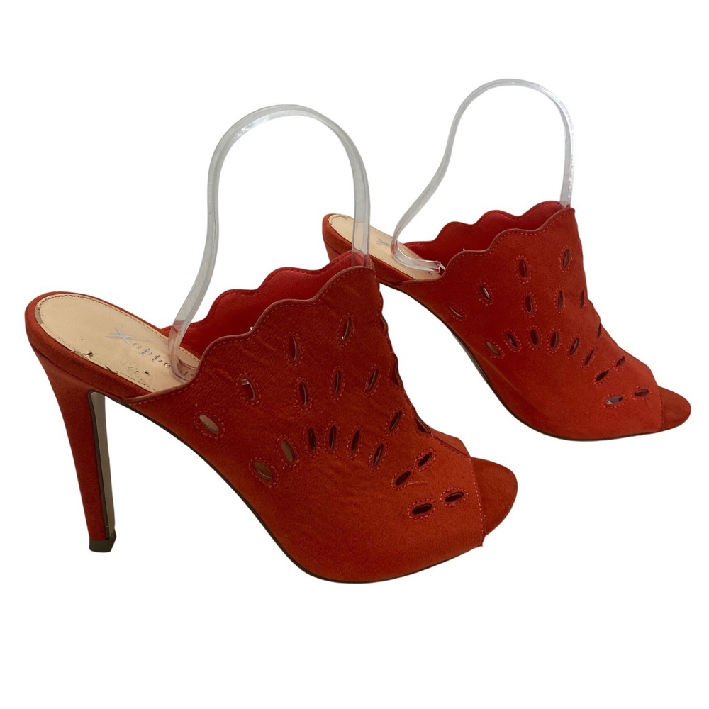 Xappeal Jasmine Heeled Mules Women 8 Red Laser Cut Scalloped Peep Toe Sandals